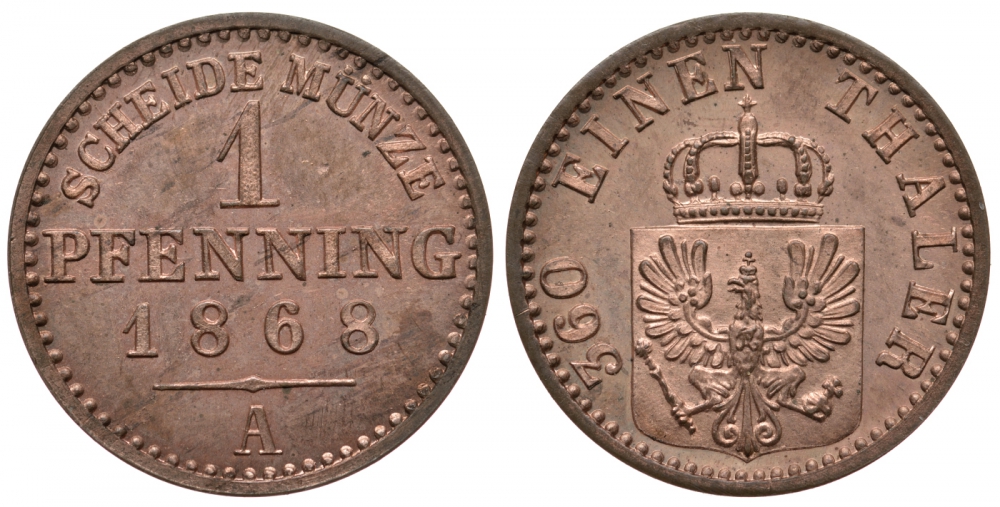 Пруссия 1 пфенниг 1868 А KM 480 медь PROOF 00-806-63