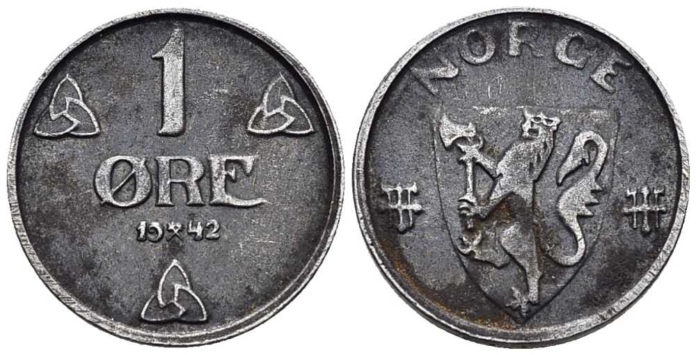НОРВЕГИЯ 1 ЭРЕ 1942 ХОКОН VII (1905-1957) KM 387 железо 211-812