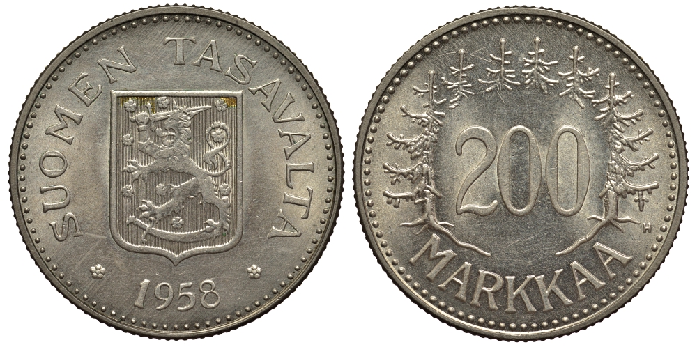 Финляндия 200 марок 1958 H KM 42 серебро    1530-1112