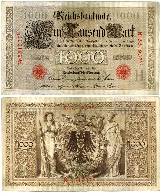 ГЕРМАНИЯ 1000 МАРОК 1910 21 АПРЕЛЯ 1910, ШЕСТЬ ЦИФР В НОМЕРЕ. КРАСНАЯ ПЕЧАТЬ Pick 44а бумага 8612-46-1