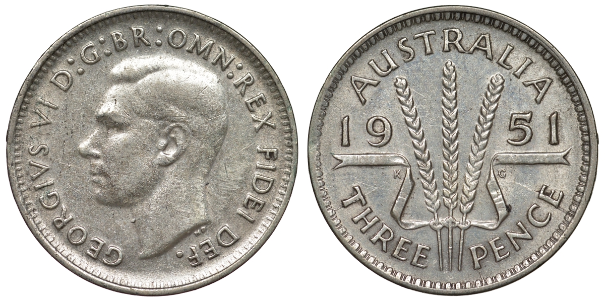 Австралия 3 пенса 1951 m, Георг VI (1937-1952), без букв KM 44 серебро 71-359