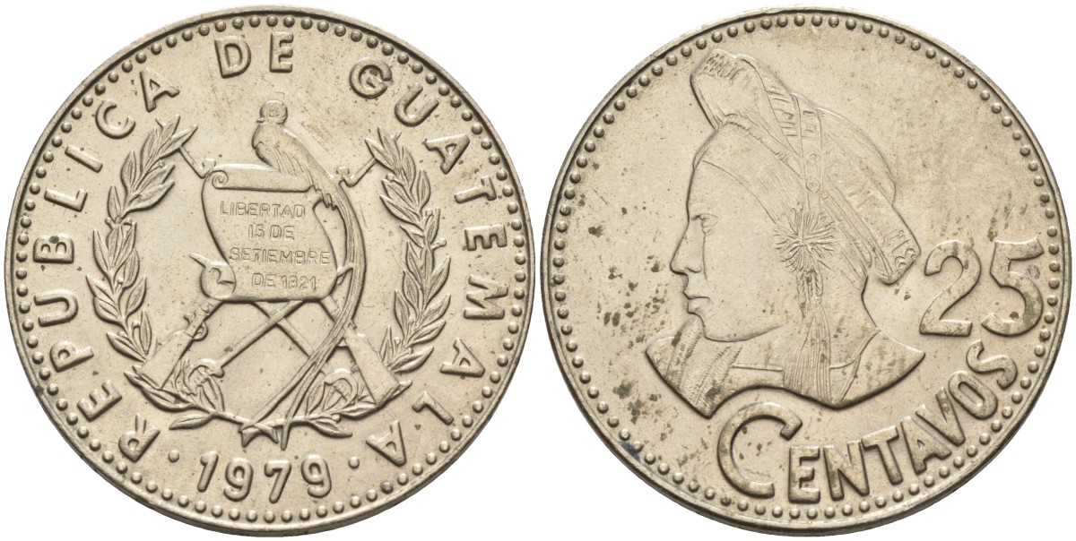 Гватемала 25 сентаво 1979 женская голова влево KM 278.1 медно-никель 4367-721