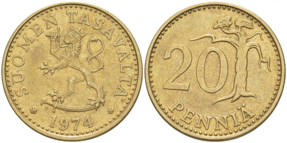 Финляндия 20 пенни 1974 S KM 47 алюминиевая бронза 3718-1253