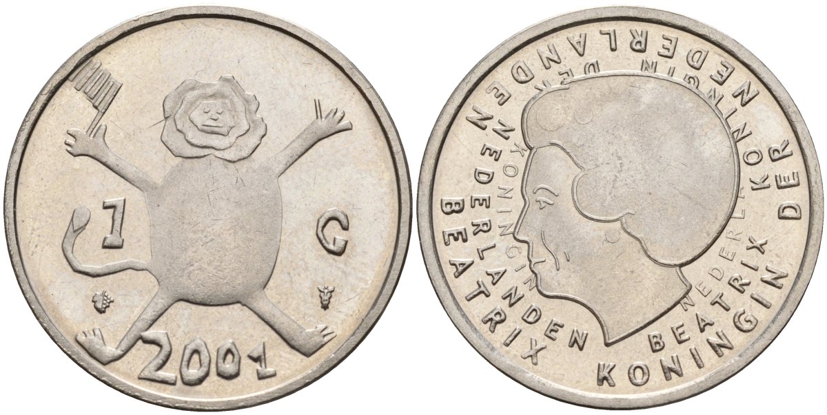 Нидерланды 1 гульден 2001 прощай гульден, детский рисунок, лев с флагом в руках KM 233 никель 4141-141