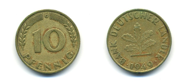 ФРГ 10 ПФЕННИГОВ 1949 G KM 103, J.378 сталь плакированная латунью 80-316