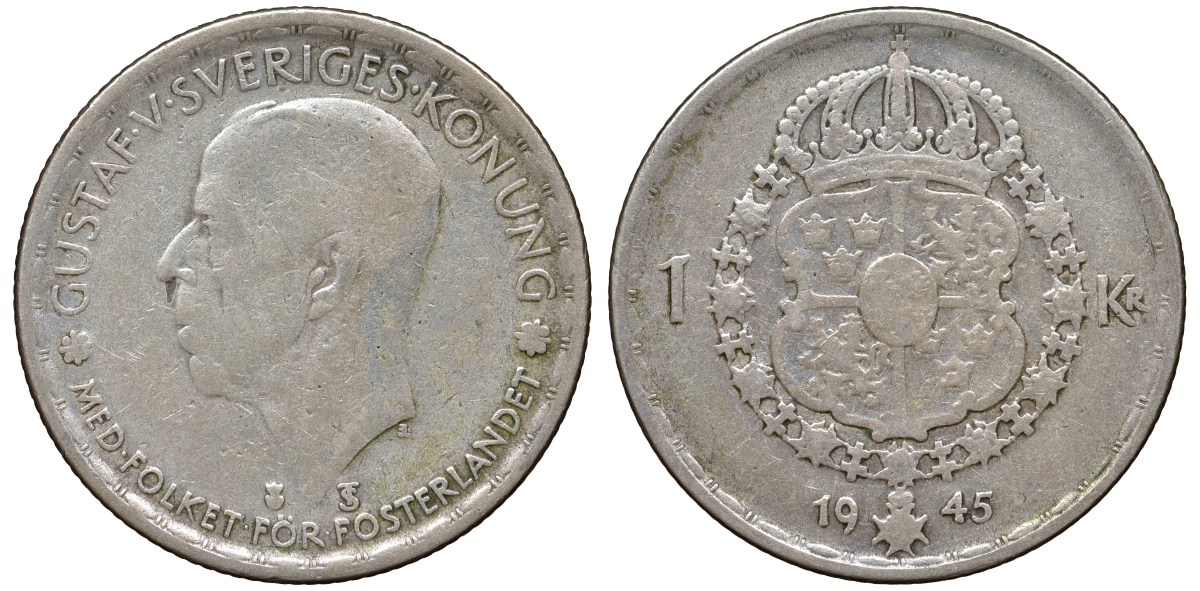 Швеция 1 крона 1945 TS, Густав V (1907-1950) KM 814 серебро 4178-712