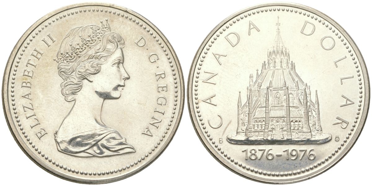Канада 1 доллар 1976 100 лет Оттавской парламентской библиотеке KM 106 серебро BU 00-1067-1-43
