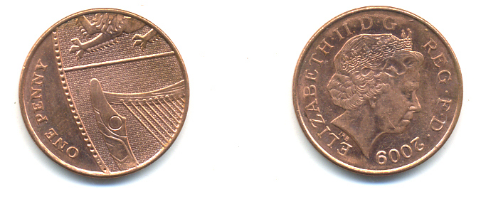 Великобритания 1 пенни 2009 Елизавета II (1952-2022) KM 1107, Spink B6 сталь плакированная медью 177-1211
