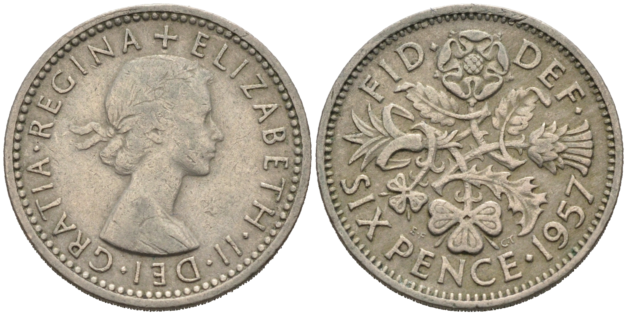 Великобритания 6 пенсов 1957 Елизавета II (1952-2022) KM 903, Spink 4149 медно-никель 75-1535