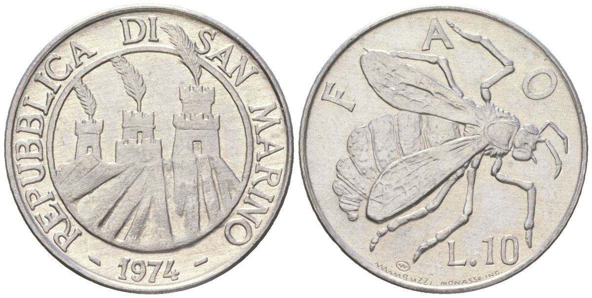 Сан-Марино 10 лир 1974 ФАО, пчела KM 33 алюминий aUNC 4119-254
