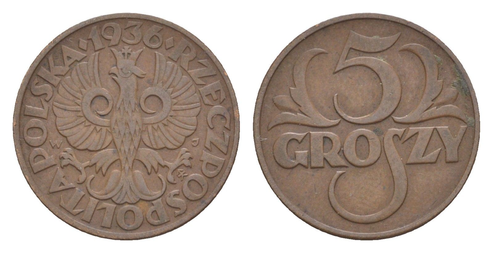 Польша 5 грошей 1936 Y 10a бронза 4620-512