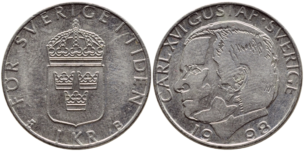 Швеция 1 крона 1998 Карл XVI Густав (1973- ) KM 852a медно-никель 89-1555