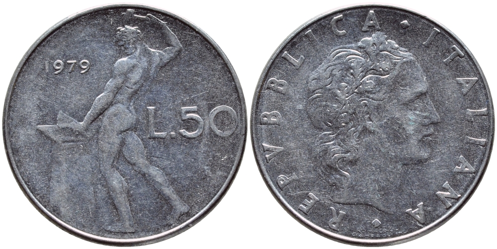 ИТАЛИЯ 50 ЛИР 1979 R, КУЗНЕЦ KM 95.1 сталь 4395-533