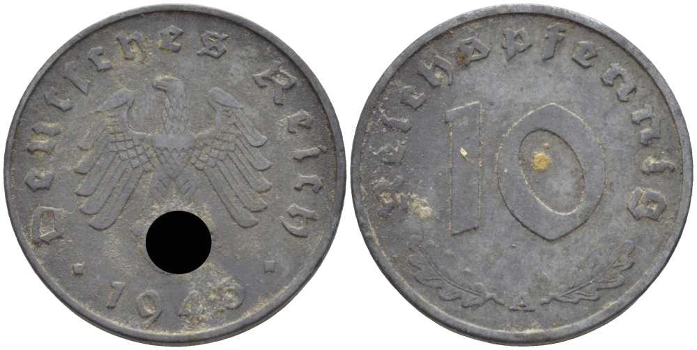 ГЕРМАНИЯ 10 РЕЙХСПФЕННИГОВ 1945 А KM A104, J. 375 цинк 4401-517
