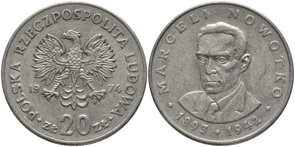 Польша 20 злотых 1974 MW, Марцелий Новотко KM 69, Parchimowicz 246 медно-никель 180-346