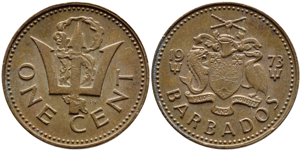 Барбадос 1 цент 1973 сломанный трезубец Британии KM 10 бронза 4396-1235