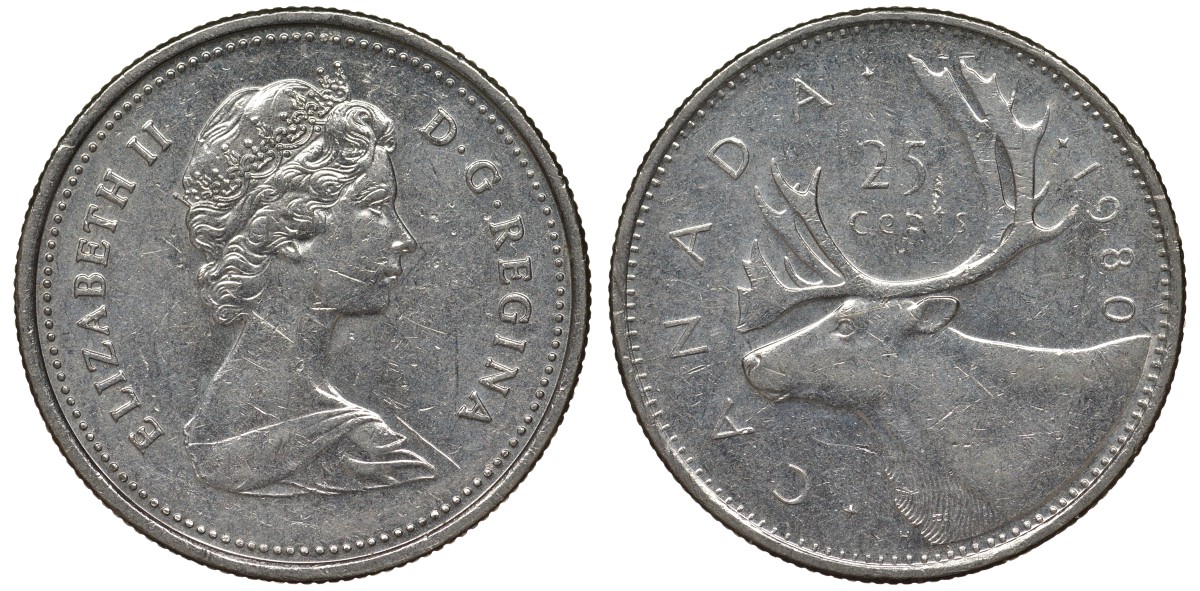 Канада 25 центов 1980 олень карибу, Елизавета II (1952-) KM 74 никель 4128-652