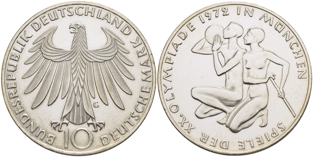 ФРГ 10 марок 1972 G, XX летние Олимпийские Игры, Мюнхен 1972, спортсмены KM 132, J. 403 серебро 413-1344
