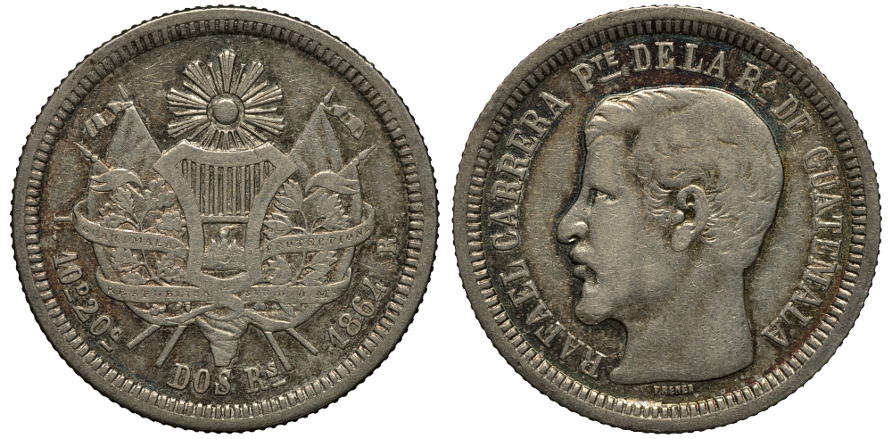 Гватемала 2 реала 1864 R KM 139 серебро 3896-723