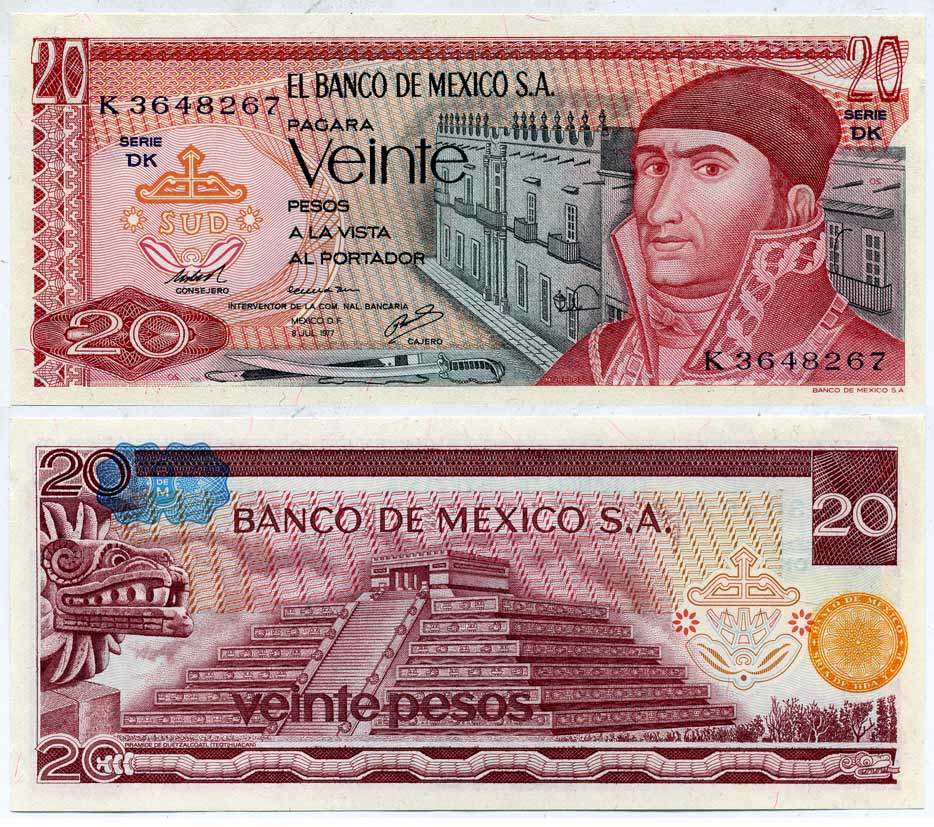 МЕКСИКА 20 ПЕСО 1977 28314 Pick 64d бумага UNC (ПРЕСС) 6289-3-1-1