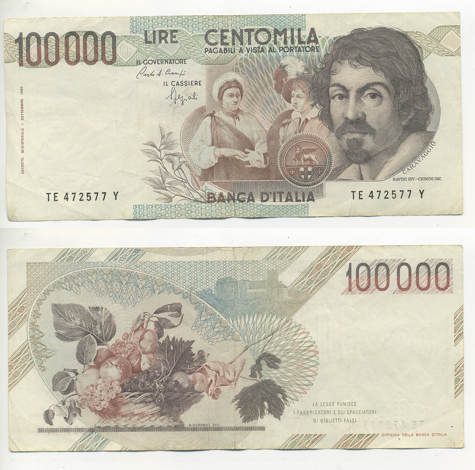 Италия 100000 лир 1983 Караваджо, фруктовый букет, подпись Speziali Pick 110b бумага 7220-14-3