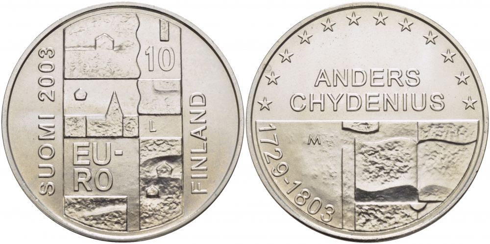 Финляндия 10 евро 2003 200 лет со дня смерти Андерса Чудениуса KM 110 серебро UNC 11-149-12
