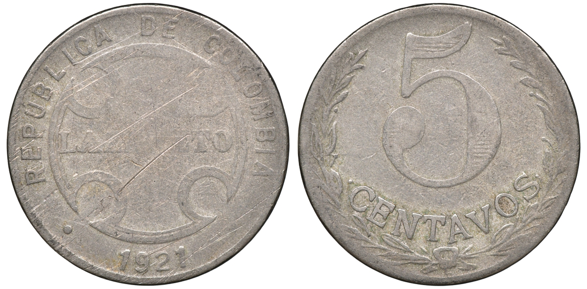 Колумбия 5 сентаво 1921 государственный лепрозорий KM L11 медно-никель 53-1043