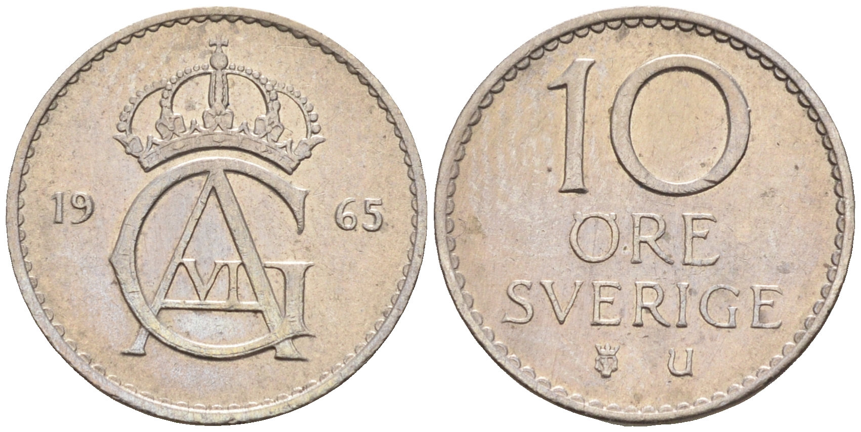 Швеция 10 эре 1965 U, Густав VI Адольф (1950-1973) КМ 835 медно-никель UNC 4169-113