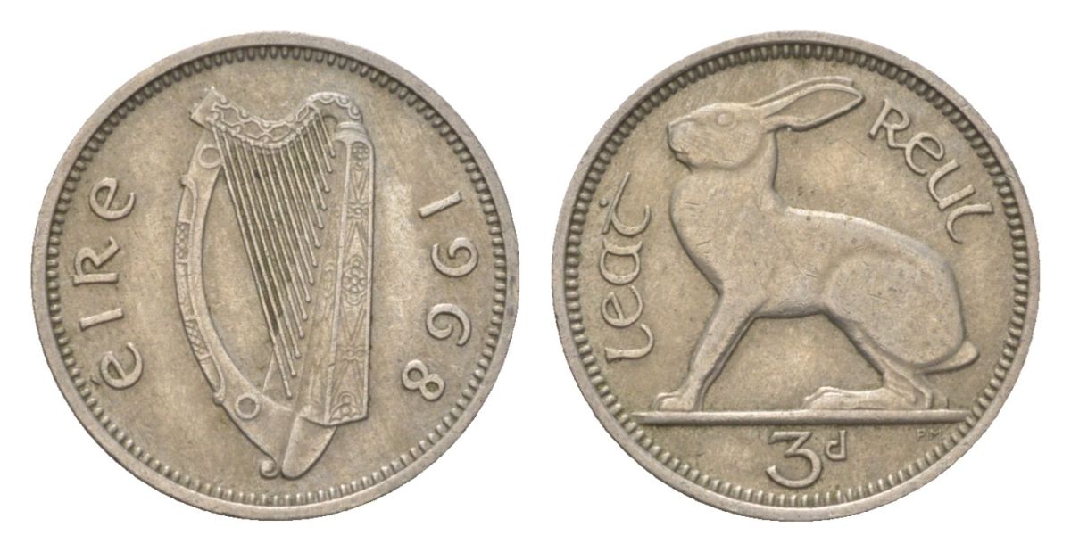 Ирландия 3 пенса 1968 заяц KM 12a медно-никель 4623-633