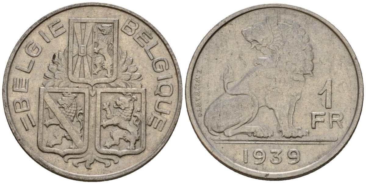Бельгия 1 франк 1939 Belgie - Belgique KM 120 никель 4603-1252