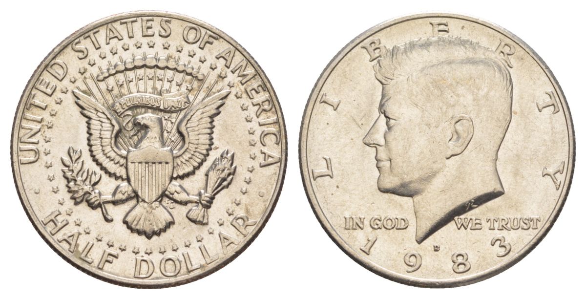 США 1/2 доллара (50 центов) 1983 D, Джон Кеннеди KM A202b медь плакированная медно-никелем aUNC 180-343