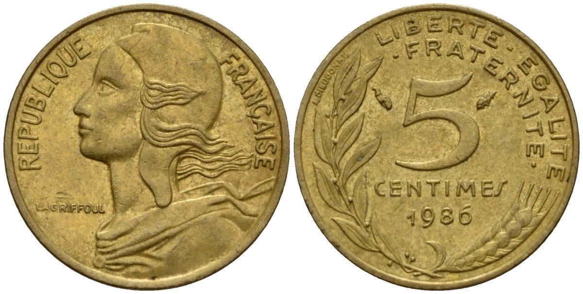 Франция 5 сантимов 1986 KM 933 алюминиевая бронза 4154-1061