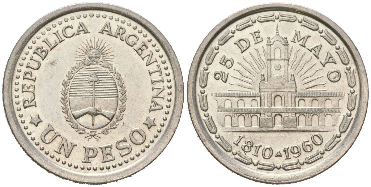Аргентина 1 песо 1960 150 лет свержения Испанского вице-короля (1810-1960) KM 58 сталь плакированная никелем aUNC 4121-1131