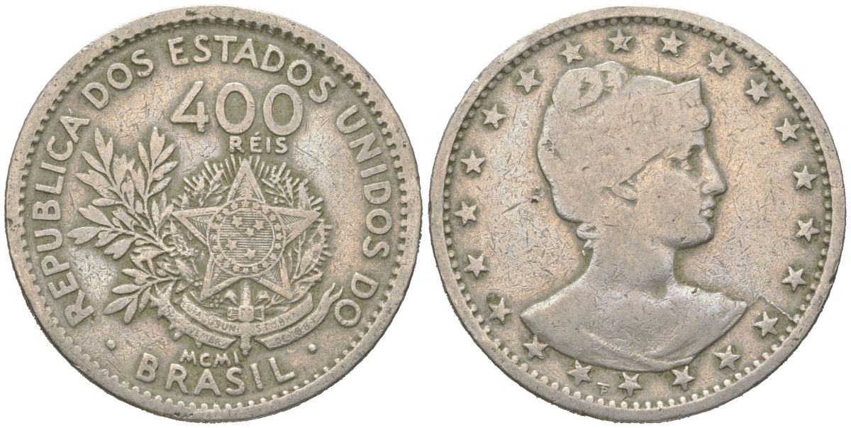 Бразилия 400 реалов 1901 MCMI, голова свободы вправо KM 505 медно-никель 4612-433