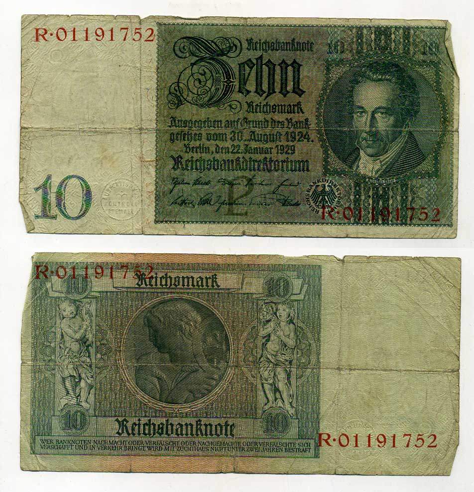 Германия 10 рейхсмарок 1929 Альбрехт Д. Тэер, буква P, серия R Pick 180a, Ros. 173е  бумага 7146-50-4-2