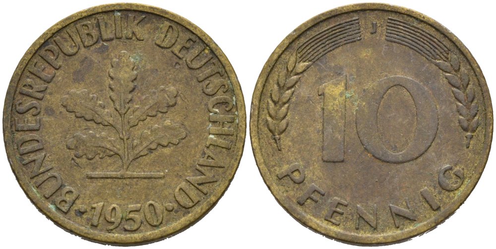 ФРГ 10 ПФЕННИГОВ 1950 J KM 103, J. 378 сталь плакированная латунью 4514-815