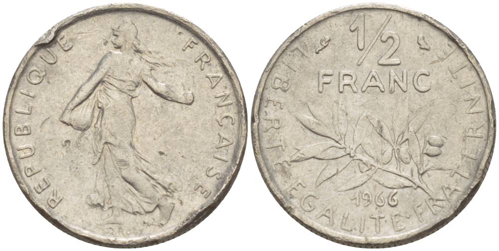 ФРАНЦИЯ 1/2 ФРАНКА 1966 СЕЯТЕЛЬ KM 931.1, LE FRANC 198.5 никель 4551-622