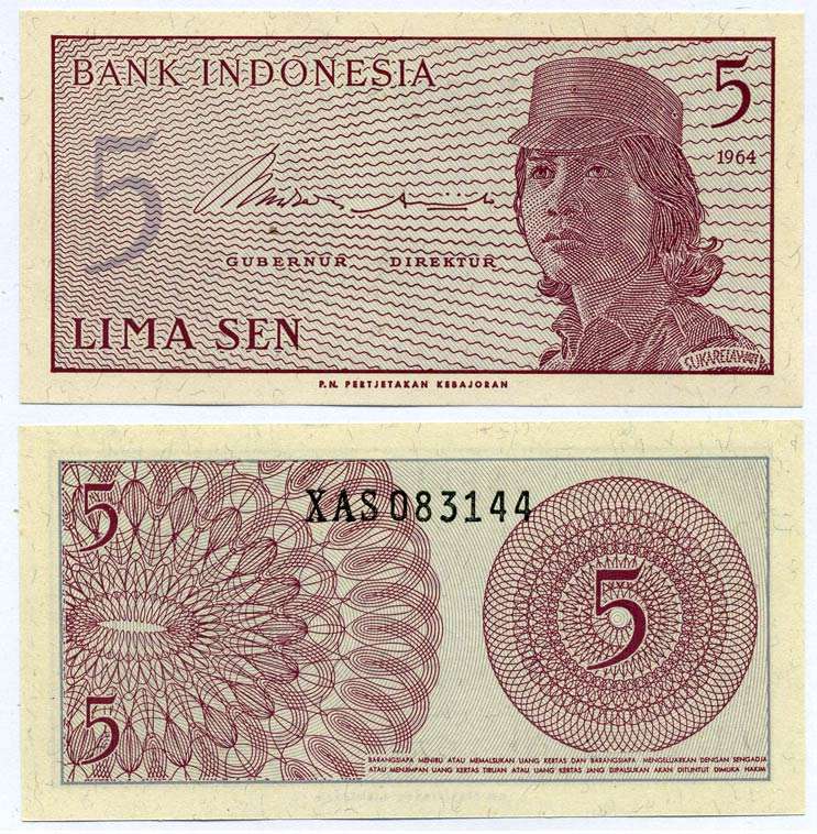 Индонезия 5 сенов 1964 девушка волонтер Pick 91 a  бумага  UNC (пресс) 8611-62-2-1