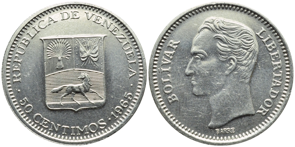 Венесуэла 50 сентимо 1965 Симон Боливар KM 41, Schon 51 никель 4392-968