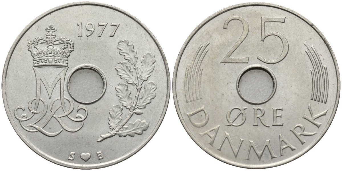 Дания 25 эре 1977 Маргрете II (1972- ) KM 861.1 медно-никель UNC 4175-456