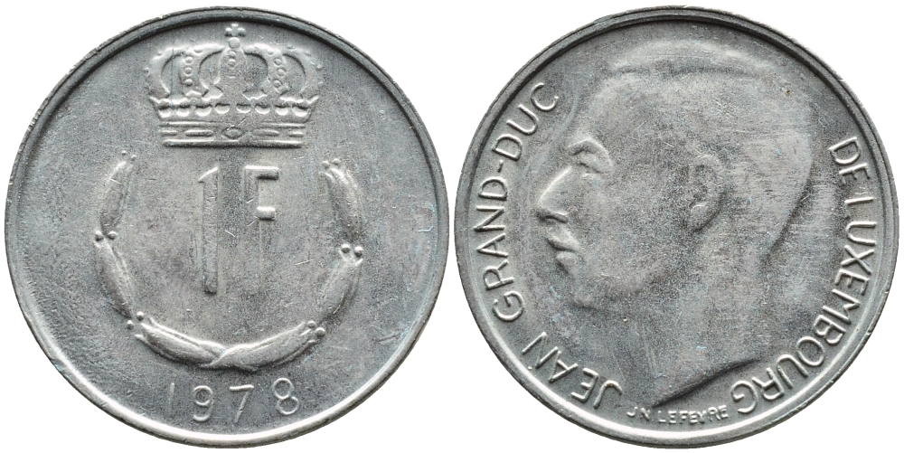 ЛЮКСЕМБУРГ 1 ФРАНК 1978 ВЕЛИКИЙ ГЕРЦОГ ЖАН (1964-2000) KM 55 медно-никель 4391-1052