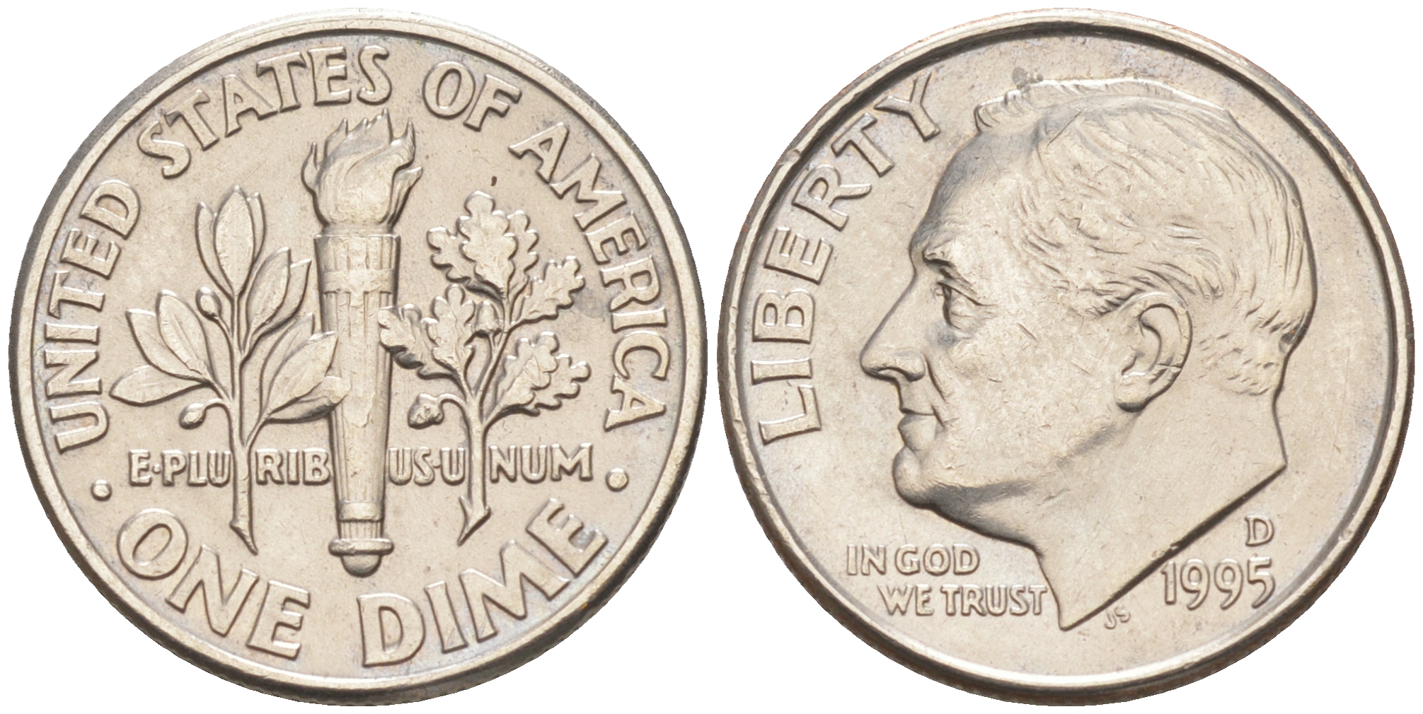 США 10 ЦЕНТОВ = 1 ДАЙМ 1995 D, РУЗВЕЛЬТ KM 195a медь плакированная медно-никелем 188-717