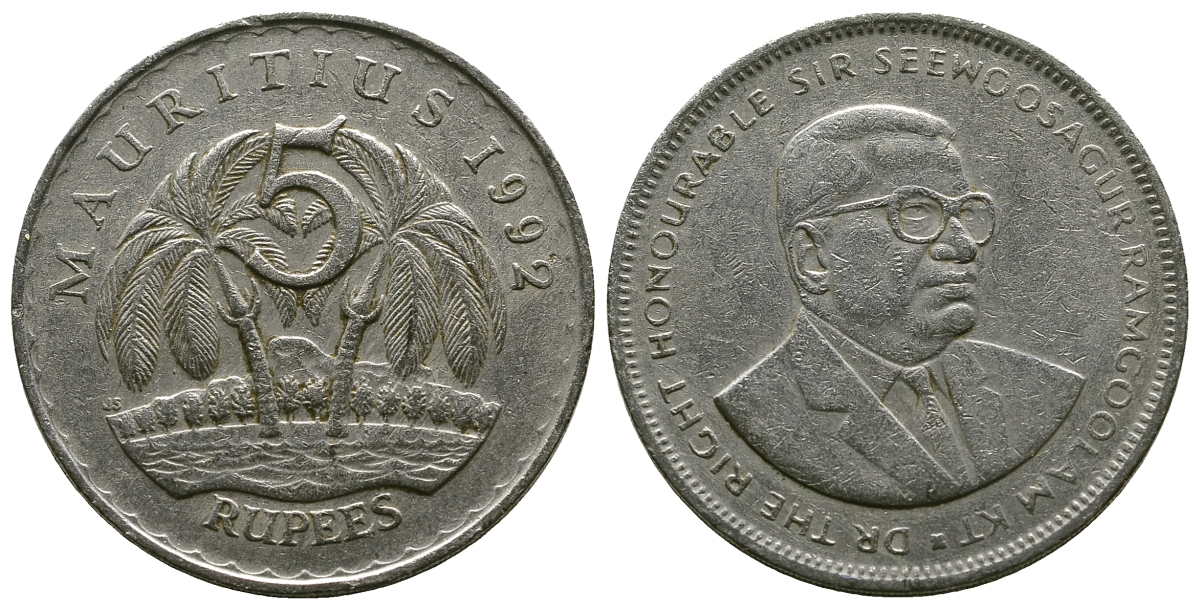 Маврикий 5 рупий 1992 Сивусагур Рамгулам KM 56 медно-никель 4381-233