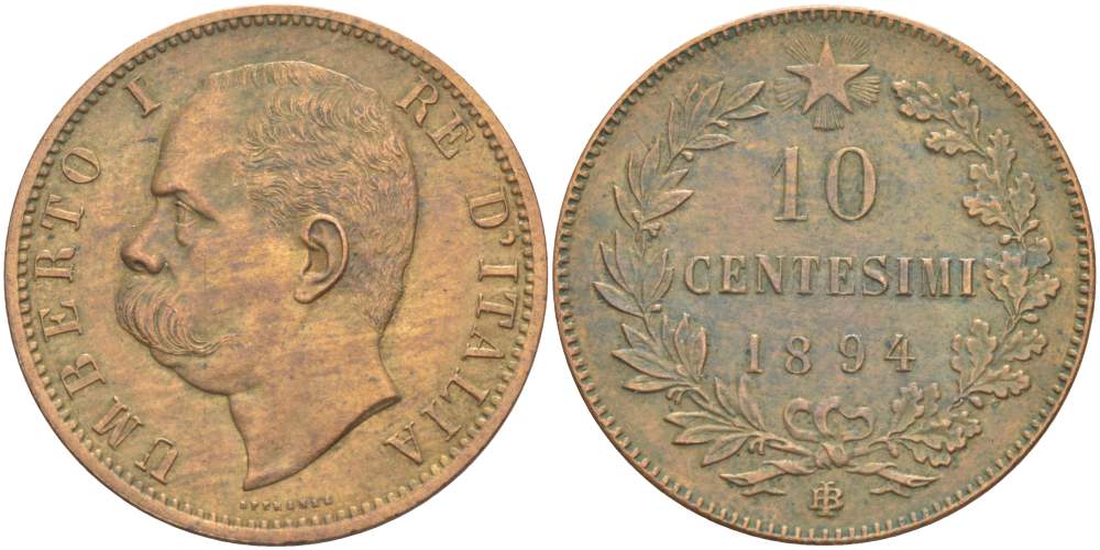 Италия 10 чентезимо 1894 B/I, Умберто I (1878-1900) KM 27.1 медь 4526-1032