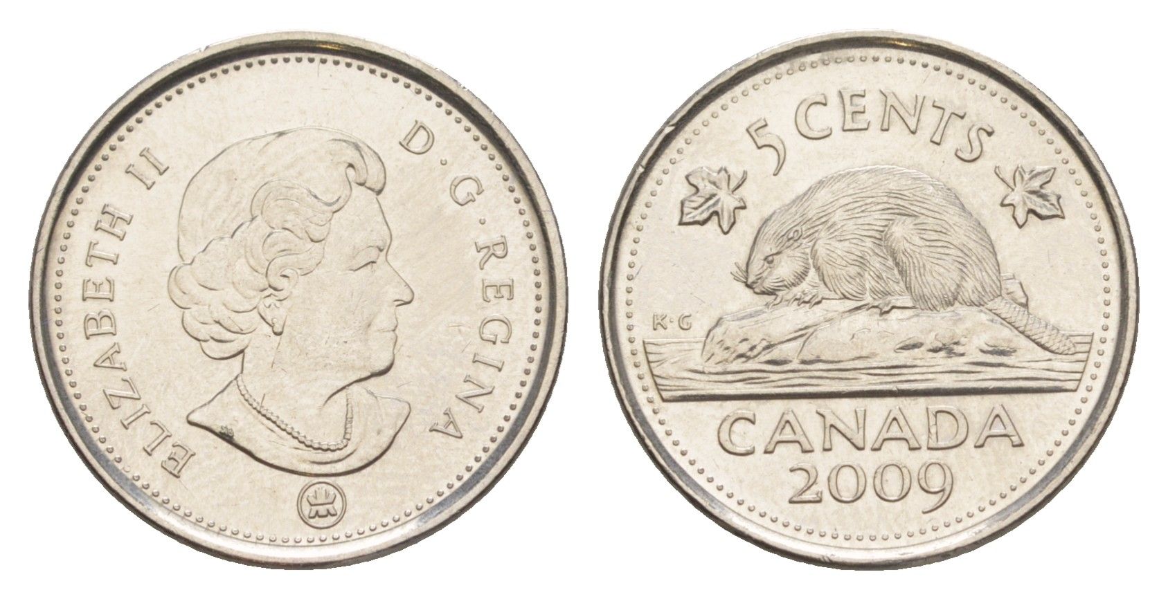 Канада 5 центов 2009 Елизавета II (1952-2022), бобр KM 491 сталь плакированная никелем UNC 4647-1023