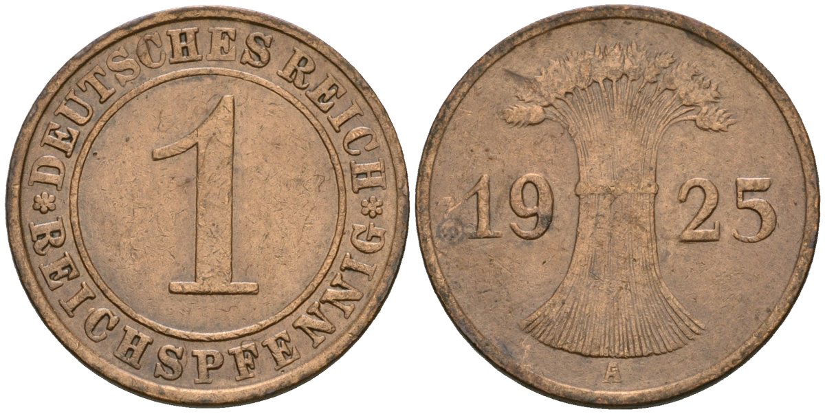 Германия 1 рейхспфенниг 1925 A KM 37, J. 313 бронза 4189-1117