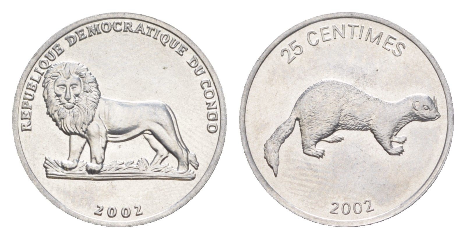 ДР Конго 25 сантимов 2002 Животные - Ласка KM 76 алюминий UNC 4630-1113