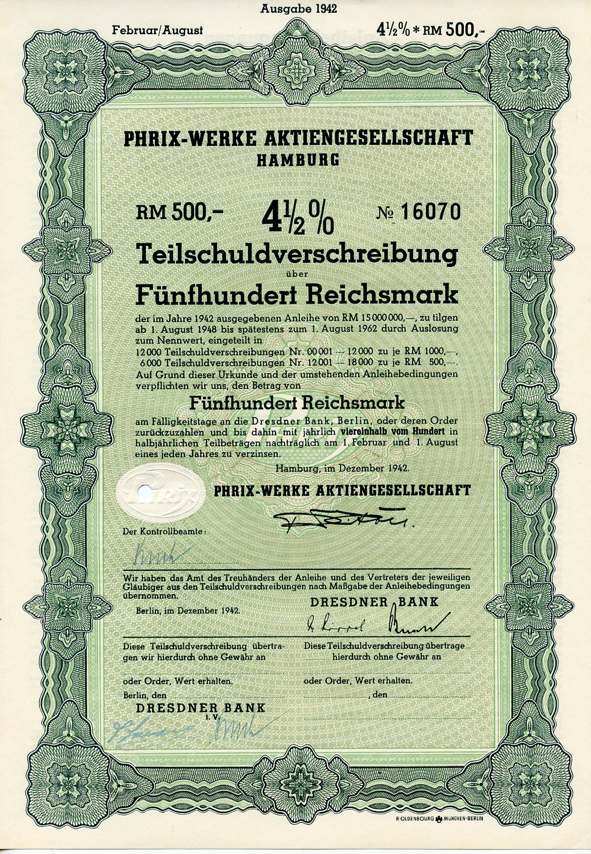 Германия 500 рейхсмарок 1942 АО Phrix-Werke, Гамбург, 4 1/2% облигация   бумага   8804-99-1