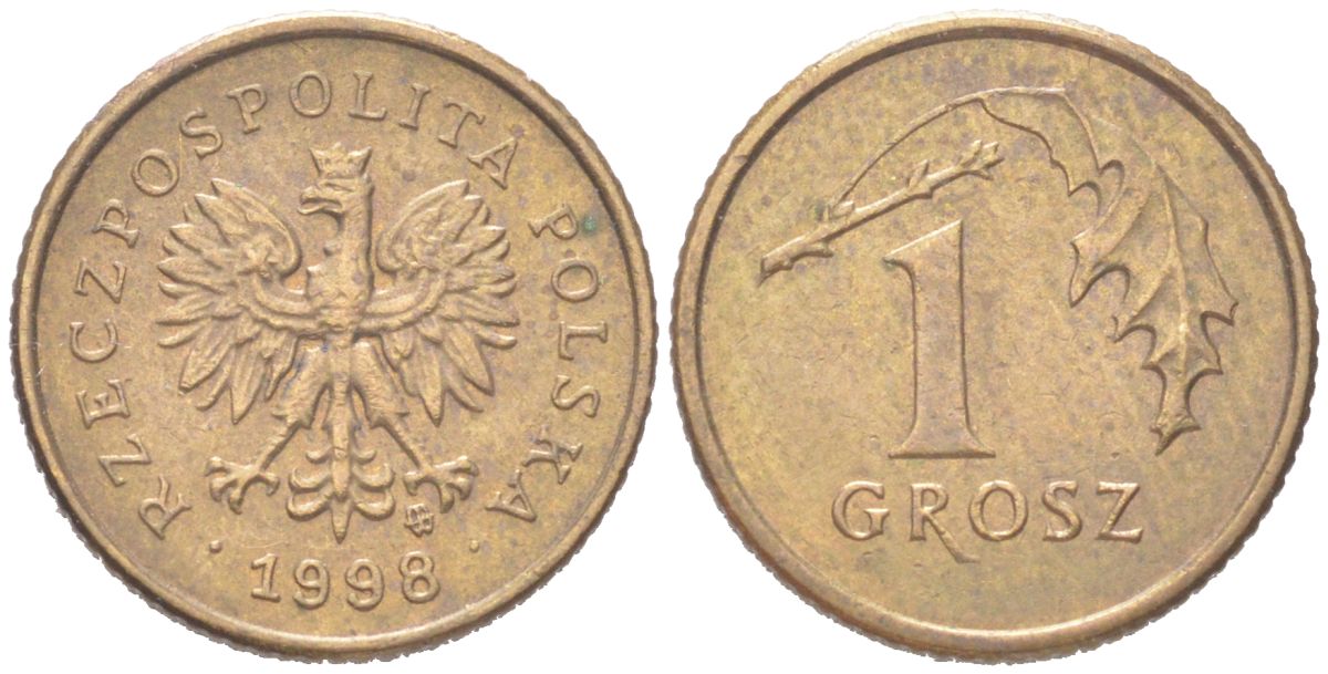 Польша 1 грош 1998 MW KM 276 латунь UNC 4614-568