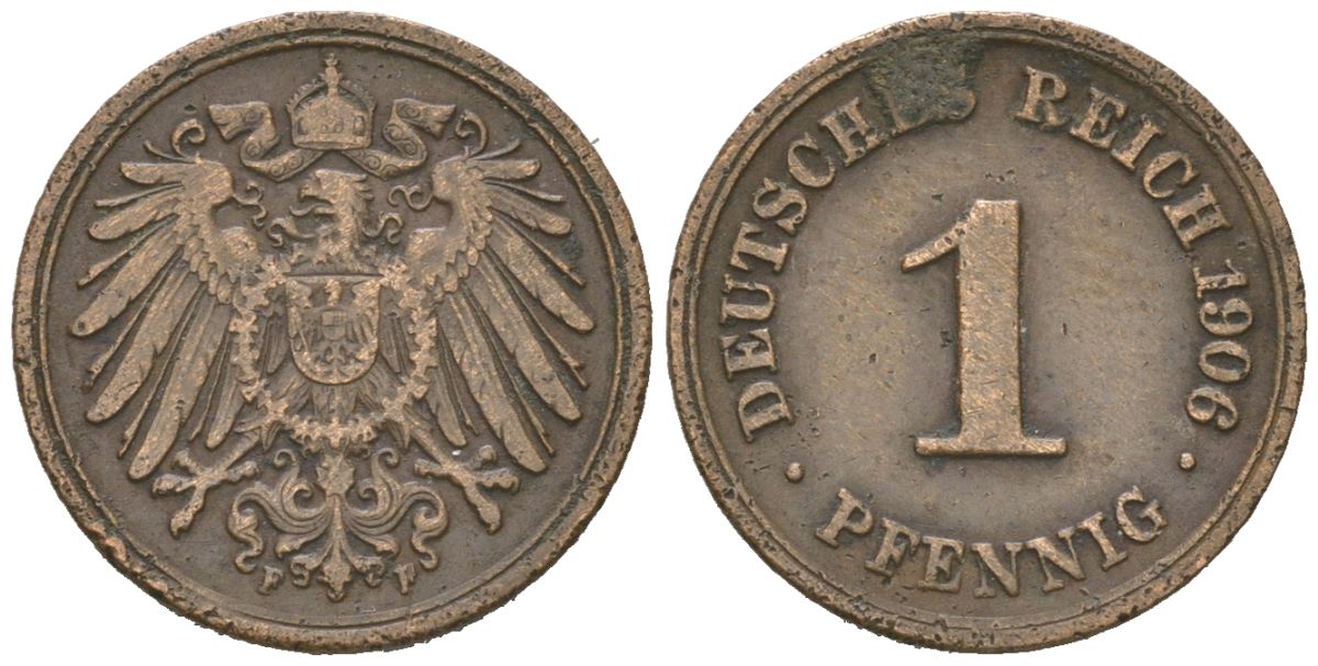 Германия 1 пфенниг 1906 F, Вильгельм II (1888-1918) KM 10, J. 10 медь 4615-716